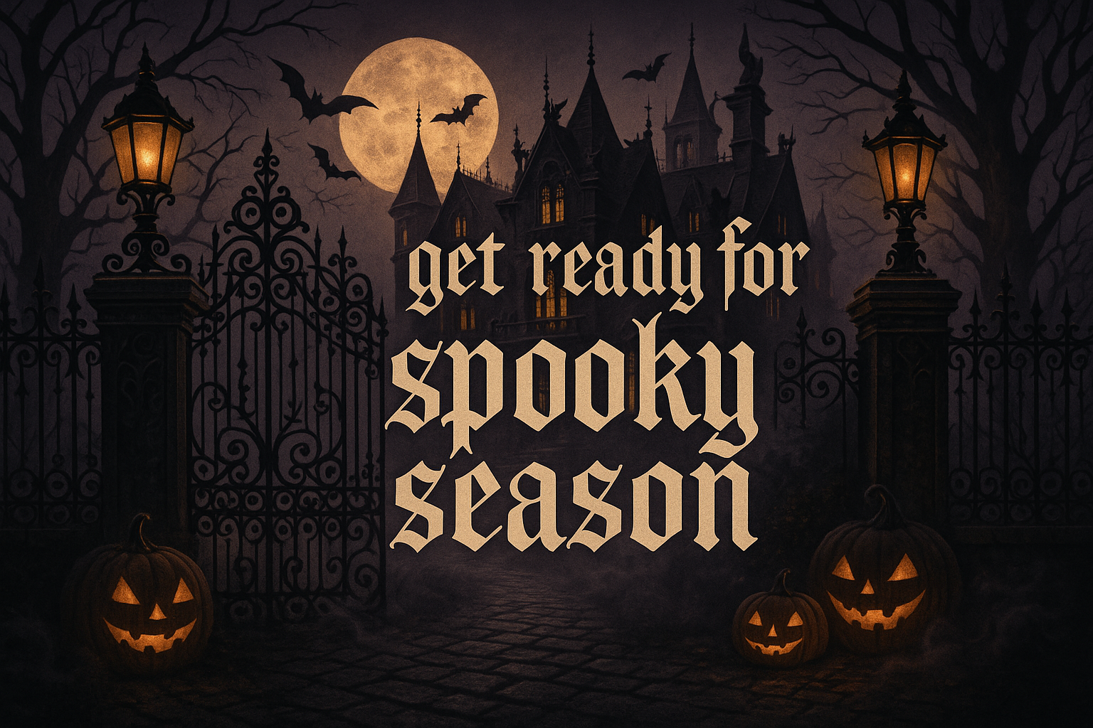 victorian gothic halloween image with the words get ready for spooky season